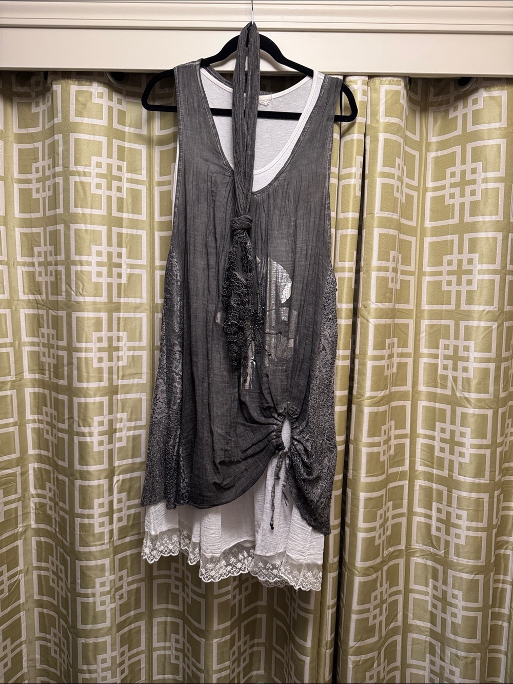 Gray Layered Lace-Trim Midi Dress with Knotted Detail